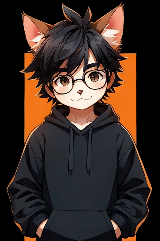 young male cat, cute cat wearing glasses, cat with messy hair, black hair, cat in a black sweatshirt without print, hands inside sweatshirt, Q printmaking style, black background, anime style, front view