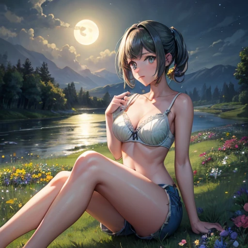 (masterpiece, highest quality), A  sitting in a field with green plants and flowers, Warm moonlight, Blurred foreground, change, River bank, Bra shorts, Strange Eyes