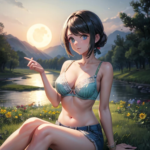 (masterpiece, highest quality), A  sitting in a field with green plants and flowers, Warm moonlight, Blurred foreground, change, River bank, Bra shorts, Strange Eyes