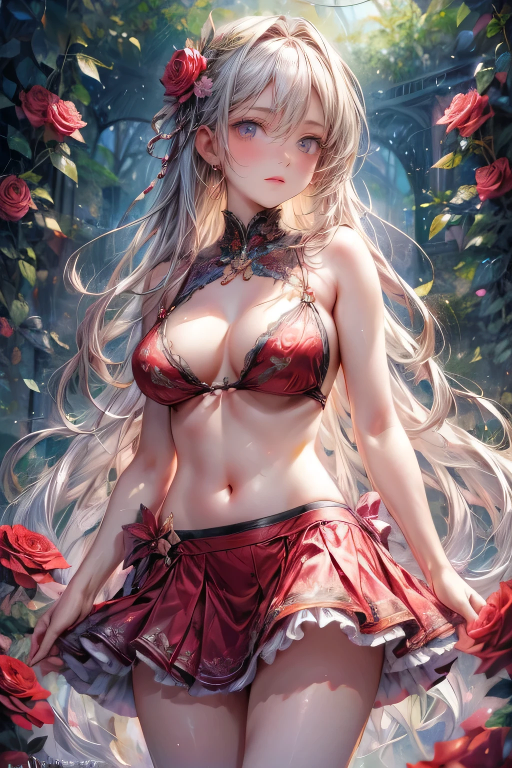 Fantasic Illustration, Masterpiece: 1.2, Highest Quality, Highres, 16k, Beautiful Detailed, Ultra-Realistic, Photo Realistic: 1.37, Beautiful Cute Girl, standing in English rose garden,under the rose arch, rose tattoo on arms, growing eyes, shining pupils, blushed cheek, shiny rosy lips, wearing Bikini top and wrapping skirt show off tattoo, delicate beautiful (hair, face, eyes, pupils, long eyelash), middle breasts,