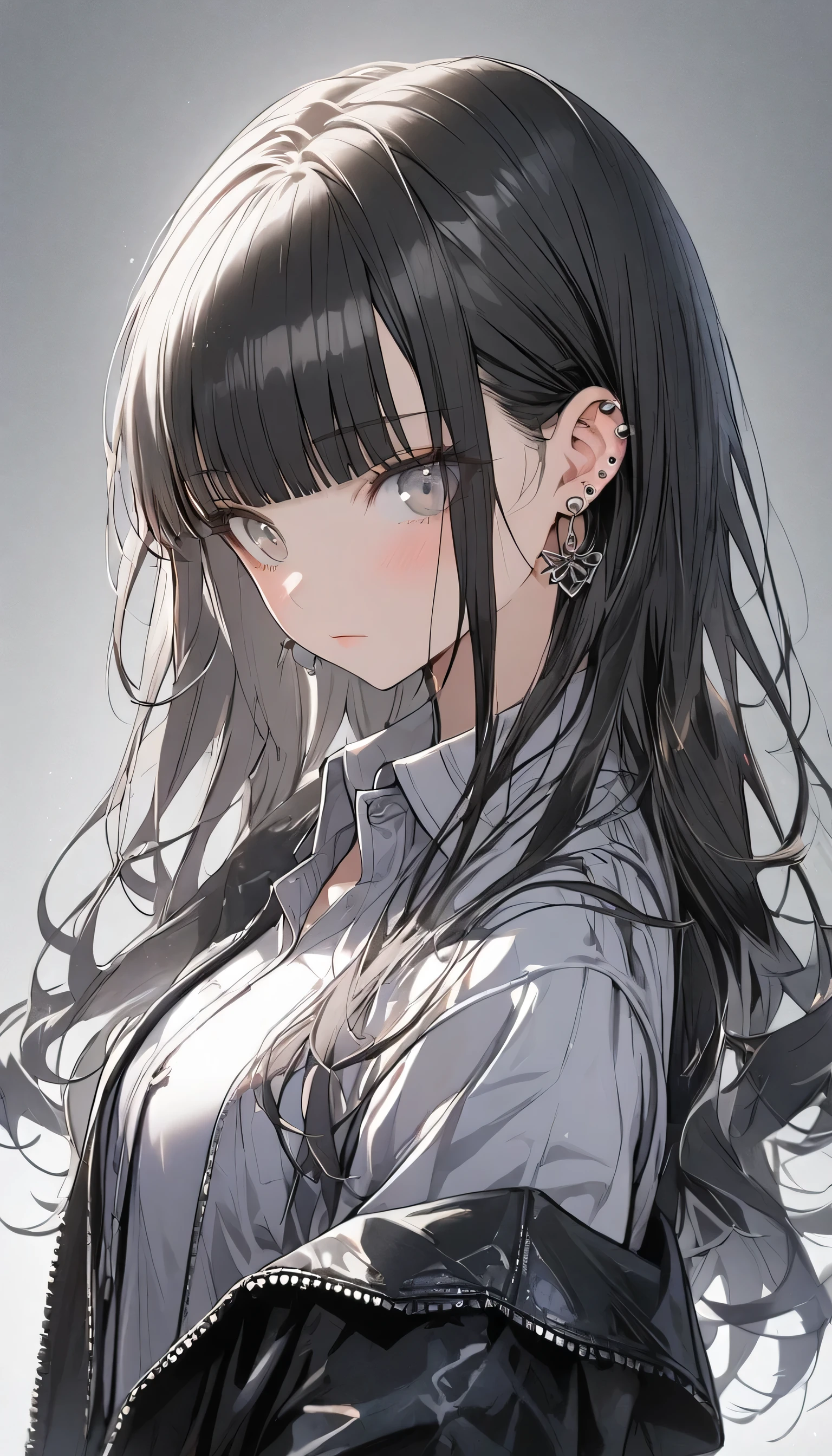 1girl, long hair, bangs, shirt, black hair, jewelry, closed mouth, jacket, upper body, earrings, collared shirt, blunt bangs, grey background, grey eyes, gradient background, ear piercing