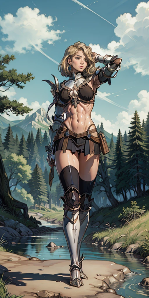 full body toe to head, masterpiece, 1soloMILF BIMBO standing pose, strong body, abs, shiny skin (masterpiece, best quality) 1girlsolo wearing rathalos armor (sunshine, sky, river, forest)