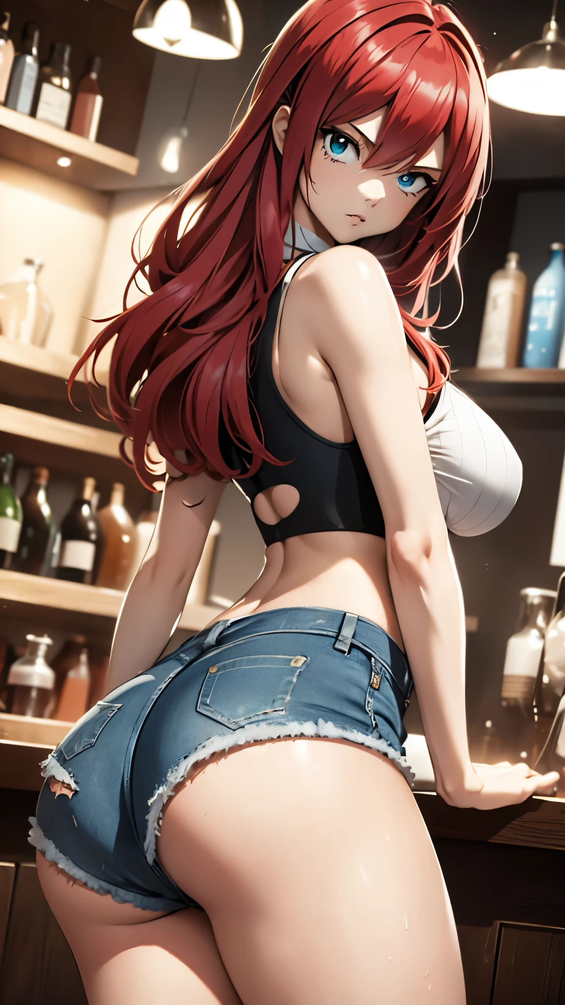 (best quality,highres:1.2),ultra-detailed,realistic,photorealistic:1.37,a beautiful girl (Erza Scarlet from Fairy Tail) model in a pop style,18 years old,long legs,medium breasts,extremely detailed face (with emphasis on azure eyes),Her red-colored hair falls to her shoulders.She is dressed in short blue denim shorts and a short top (very shabby and torn in places),),bent down, lifting her ass to the top,more sexy pose,illustration,colorful pop art style,dynamic lighting,neon colors,sunglasses on head.Nsfw
