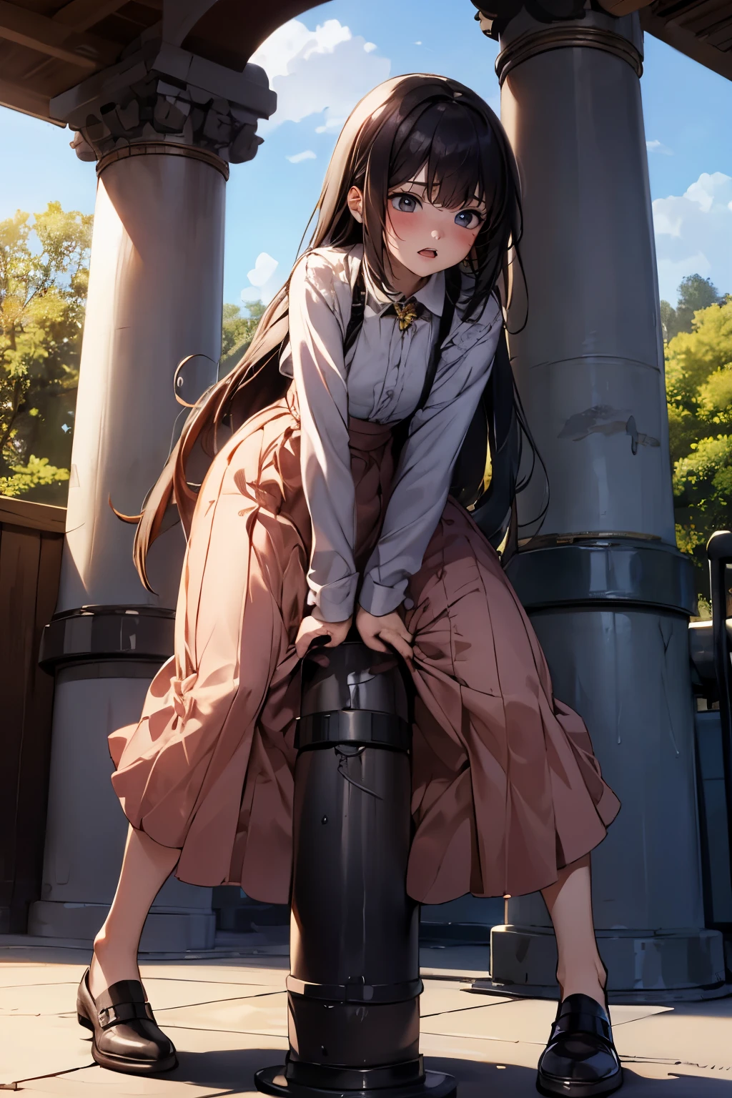 drooping eyes, ecstasy, sleepy face, (((blush, hit her crotch against the pipe))), (((hide crotch with a long skirt))), open legs, orgasm, outside,