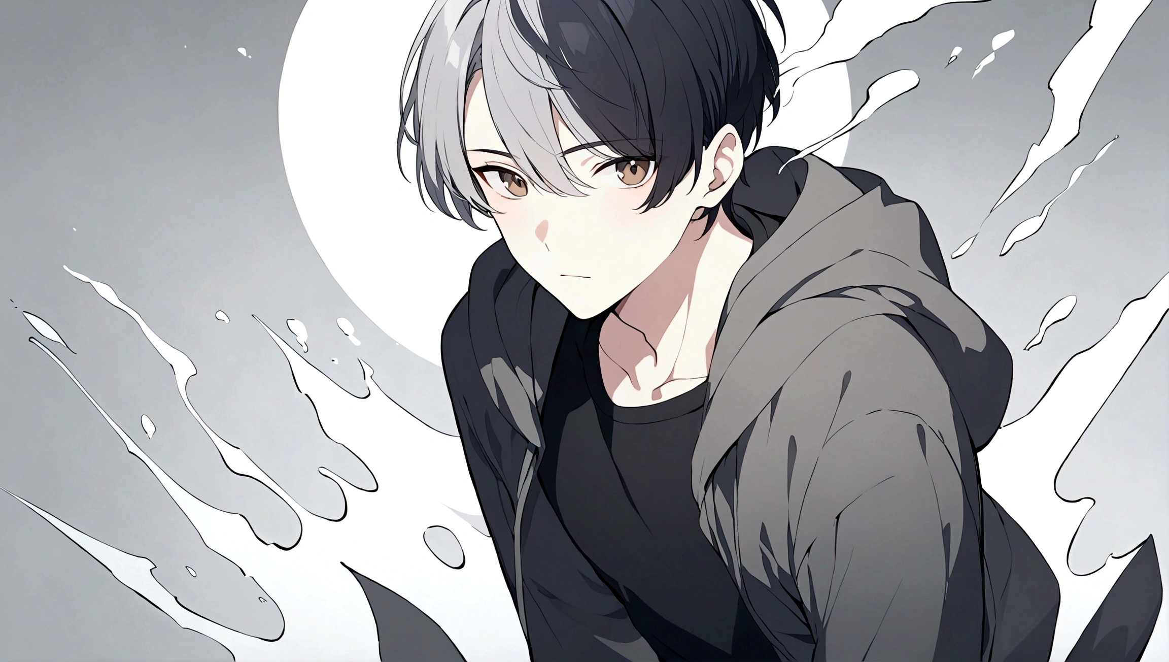 Handsome, solo, 1 male, short hair, black hair with smoke gray hair tips, brown eyes, black shirt, black and white hooded
