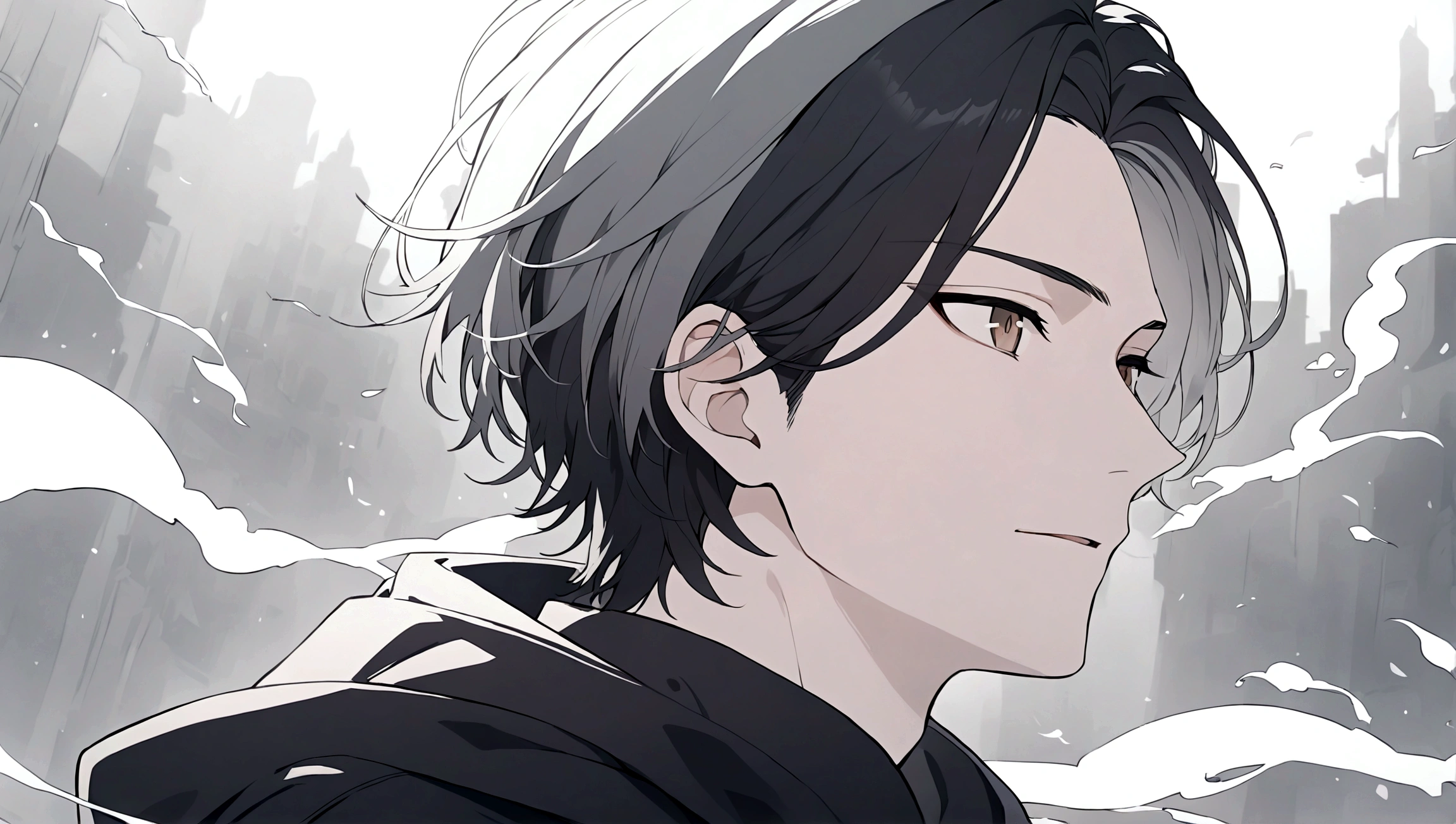 Handsome, solo, 1 male, short hair, black hair with smoke gray hair tips, brown eyes, black shirt, black and white hooded