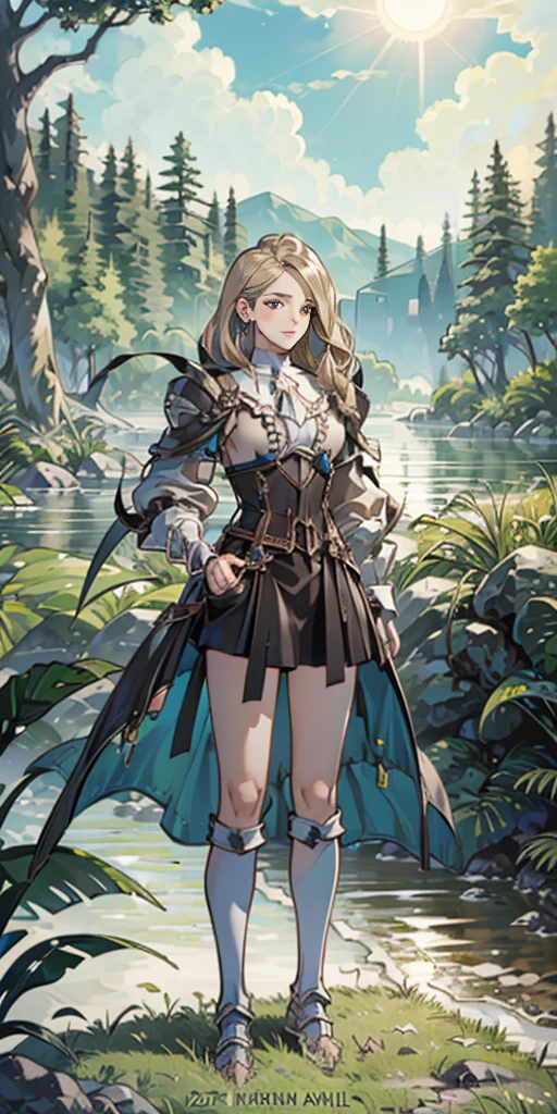 full body toe to head, masterpiece, 1soloMILF BIMBO standing pose, strong body, abs, shiny skin (masterpiece, best quality) 1girlsolo wearing rathalos armor (sunshine, sky, river, forest)