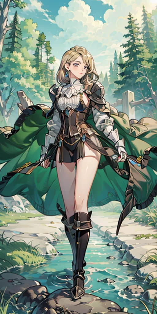 full body toe to head, masterpiece, 1soloMILF BIMBO standing pose, strong body, abs, shiny skin (masterpiece, best quality) 1girlsolo wearing rathalos armor (sunshine, sky, river, forest)