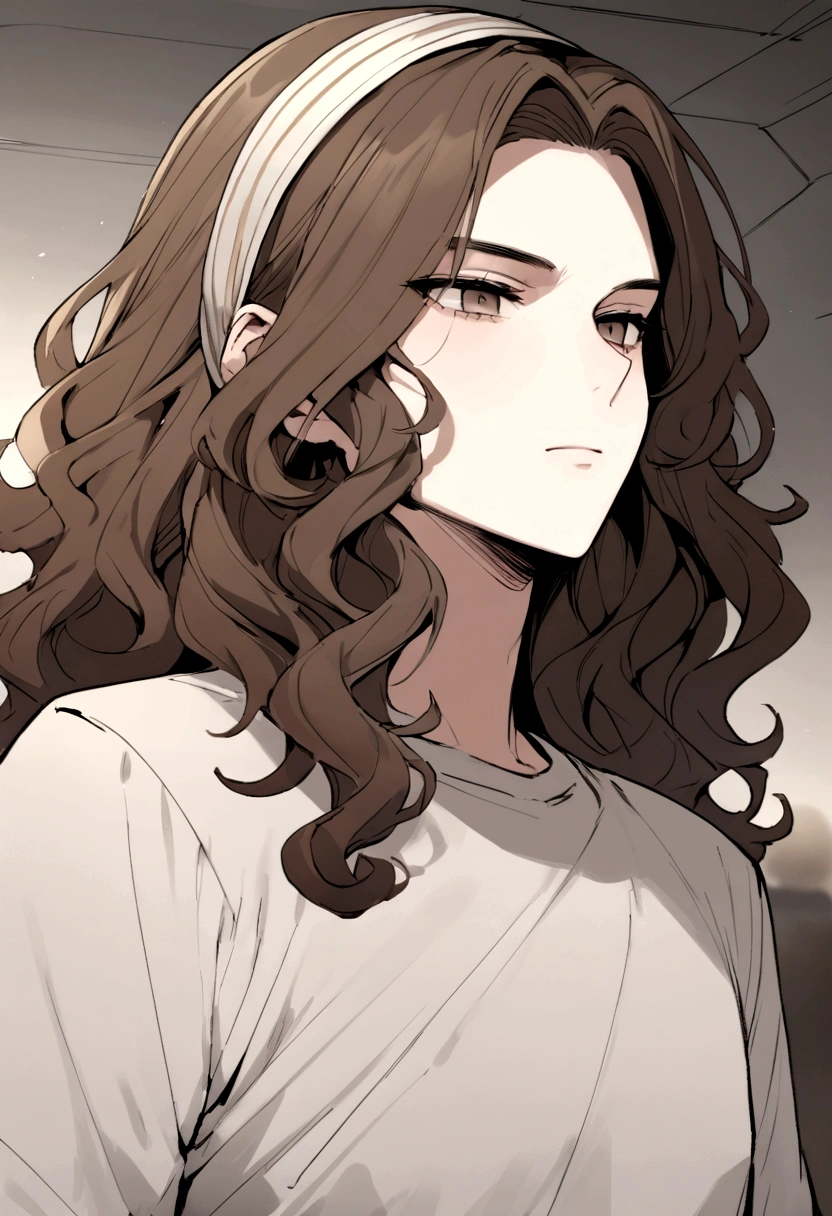 ((best quality)), ((masterpiece)), (detailed), man, 30s, Webtoon writer, hair band, Curly hair, brown hair
