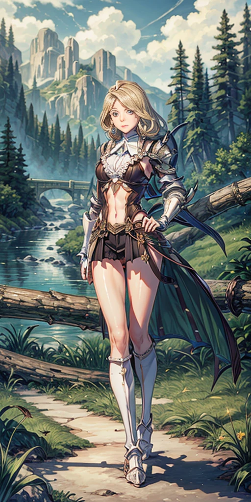 full body toe to head, masterpiece, 1soloMILF BIMBO standing pose, strong body, abs, shiny skin (masterpiece, best quality) 1girlsolo wearing rathalos armor (sunshine, sky, river, forest)