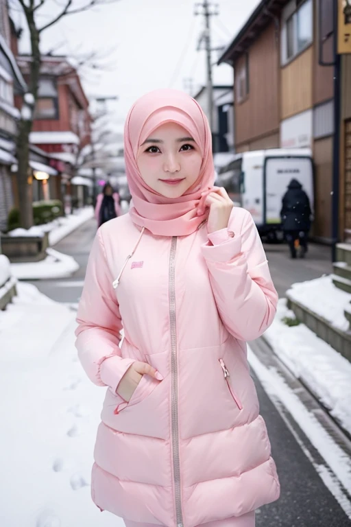 Best quality, 4K, 8K, Detailed faces,fully body photo, Clear face, Japanese muslim girl, 21 years old girl, Pasmina hijab, Pink hijab, perfect body figure, Long slim legs, Long down jacket with hood, White jacket, Zipped jacket, snowy Tokyo landscape, the street