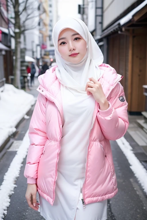 Best quality, 4K, 8K, Detailed faces,fully body photo, Clear face, Japanese muslim girl, 21 years old girl, Pasmina hijab, Pink hijab, perfect body figure, Long slim legs, Long down jacket with hood, White jacket, Zipped jacket, snowy Tokyo landscape, the street