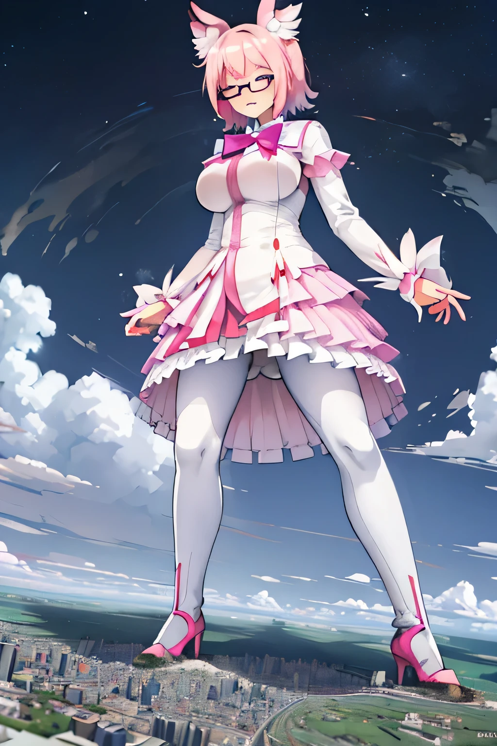giantess art, highly detailed giantess shots, giantess, Two legs, Five fingers, short hair, A beautiful girl who is bigger than a skyscraper, Wearing rimless glasses, smile, huge breasts, pink and white dress, bow, magical girl, holding a magical wand, black pantyhose, pink stiletto heels, thunderbolt from a magical wand, Destroying cities, A very small big city, Miniature metropolis, Full body description, GTS, giga giantess, stomping city, crash city, tiny city, micro city, pantyhose feet, High resolution, highest quality, masterpiece, peeing self, futanari, her huge erect penis,