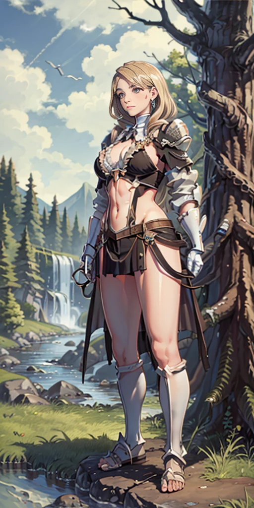 full body toe to head, masterpiece, 1soloMILF BIMBO standing pose, strong body, abs, shiny skin (masterpiece, best quality) 1girlsolo wearing rathalos armor (sunshine, sky, river, forest)