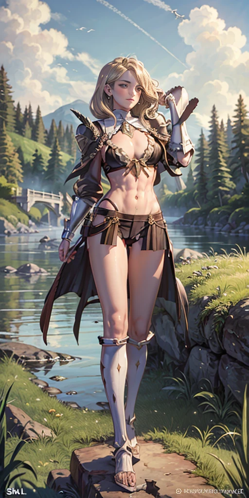 full body toe to head, masterpiece, 1soloMILF BIMBO standing pose, strong body, abs, shiny skin (masterpiece, best quality) 1girlsolo wearing rathalos armor (sunshine, sky, river, forest)