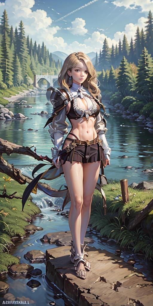 full body toe to head, masterpiece, 1soloMILF BIMBO standing pose, strong body, abs, shiny skin (masterpiece, best quality) 1girlsolo wearing rathalos armor (sunshine, sky, river, forest)