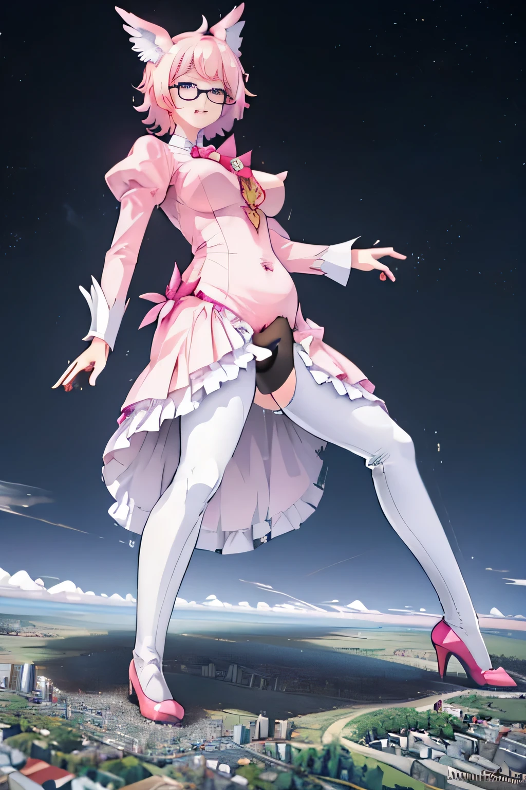 giantess art, highly detailed giantess shots, giantess, Two legs, Five fingers, short hair, A beautiful girl who is bigger than a skyscraper, Wearing rimless glasses, smile, huge breasts, pink and white dress, bow, magical girl, holding a magical wand, black pantyhose, pink stiletto heels, thunderbolt from a magical wand, Destroying cities, A very small big city, Miniature metropolis, Full body description, GTS, giga giantess, stomping city, crash city, tiny city, micro city, pantyhose feet, High resolution, highest quality, masterpiece, peeing self, futanari, her huge erect penis,