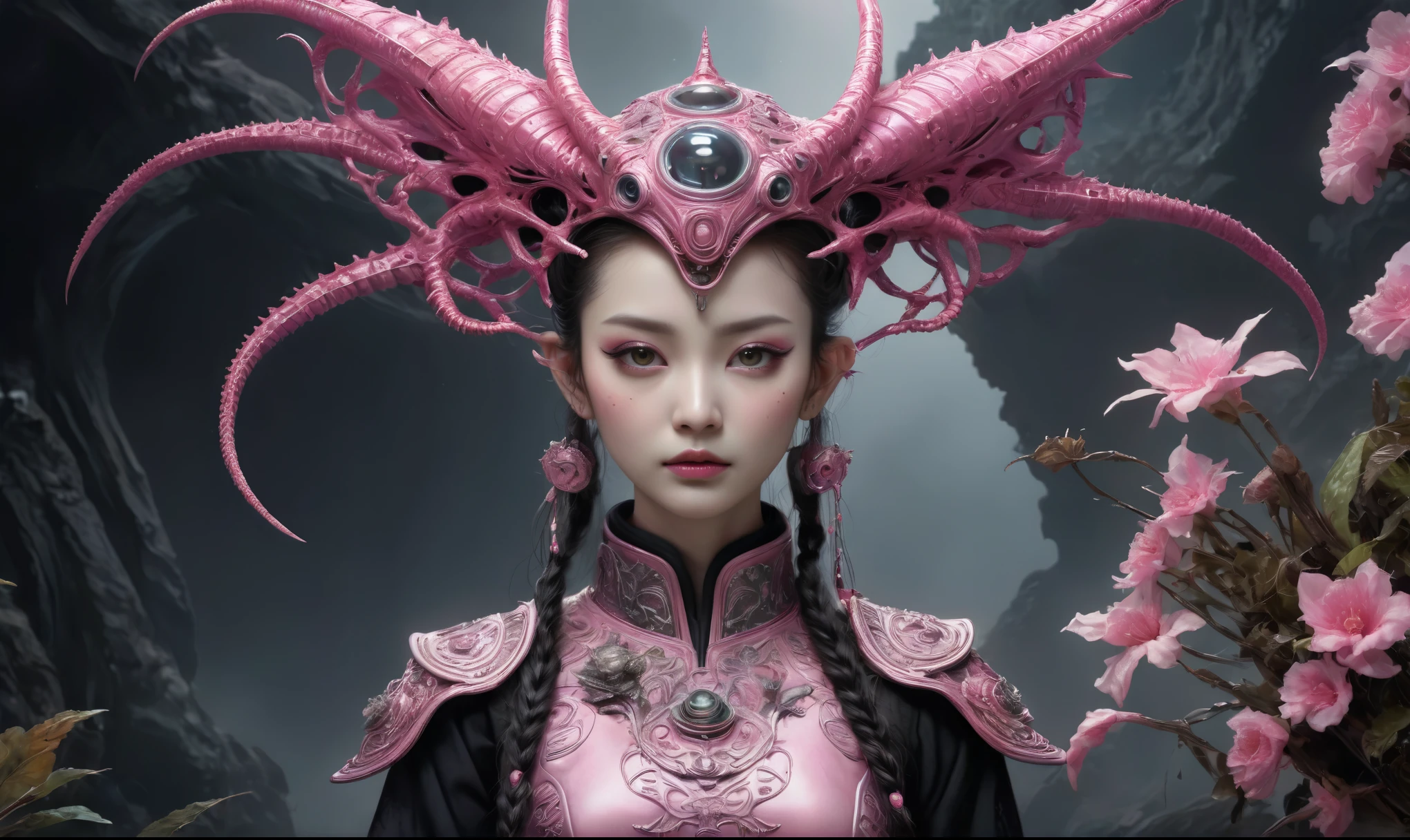 heght view on himera babygirl elf,hanfu,once pretty face,eyebrow up,full body shot,ominous landscape,glate gray atmosphere,prime colors,wariza,extremely detailed, masterpiece,intricate details,faded,eyes extremely detailed,Bun Hair,(Folk clothes:1.5), long dress, pronounced feminine feature, insane details, intricate details, hyper-detailing, Complex background, ,full-body-shot,Very tall,  Technicolor,natural skin textures, hyper realisitc, hyper detailed,Extremely detailed,High contrast,Masterpiece,Realistic,Ultra Detailed,intricate details,realistic humid skin,extremly intricate,Epic Realistic, Romantic, cinematic style,by art irina yermolova,orc, messy hair,luminous eyes,extremely detailed, [night landscape],masterpiece,intricate details,faded,eyes extremely detailed, high detailed eyes,8k resolution,RAW, Nikon Z9,by jimmy chin,by art Simon Stalenhag,Nicola Samori,Wangechi Mutu,Lisa Frank,(professional 3d render:1.3),junkie,nature, organic outfit with a curved mask and a glass dome visor, organic surrounding dead  plants, dynamic glamor pink holding exquisite engraved space gun, fashionable alien  xenomorph, vespertine, futuristic clothing and glass, movie still, avante garde design stylings inspired by pink and black squares and curves(Intricate:1.4), decadent
