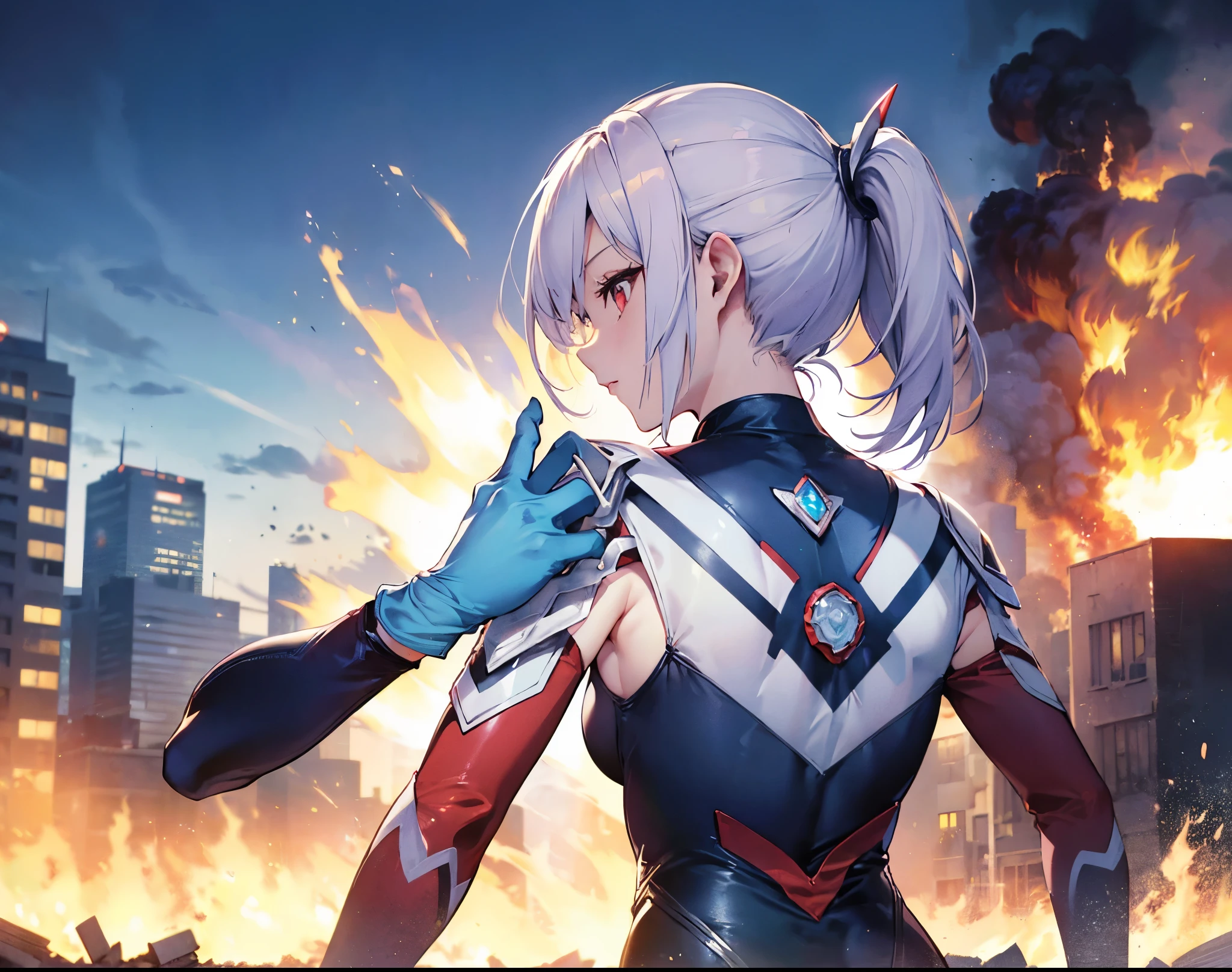 (Close-up:1.3),Realistic,highest quality, Ultra Detail, High-quality CG rendering, The most delicate and beautiful, Floating softly, High resolution, (1 giant girl), (Highest quality,4K,8K,masterpiece:1.2) ,Light purple hair,Rabbit,Bunny ears,ponytail,Red eyes,(Ultra Girl:1.0),(All blue Ultraman bodysuit:1.4),(All blue gloves:1.3), (Clenched Fist:1.2),A city engulfed in flames,(Building engulfed in flames:1.3),(Ruins engulfed in flames:1.3),(Upper Body:1.3),(Turn your back to your audience:1.3),Butt