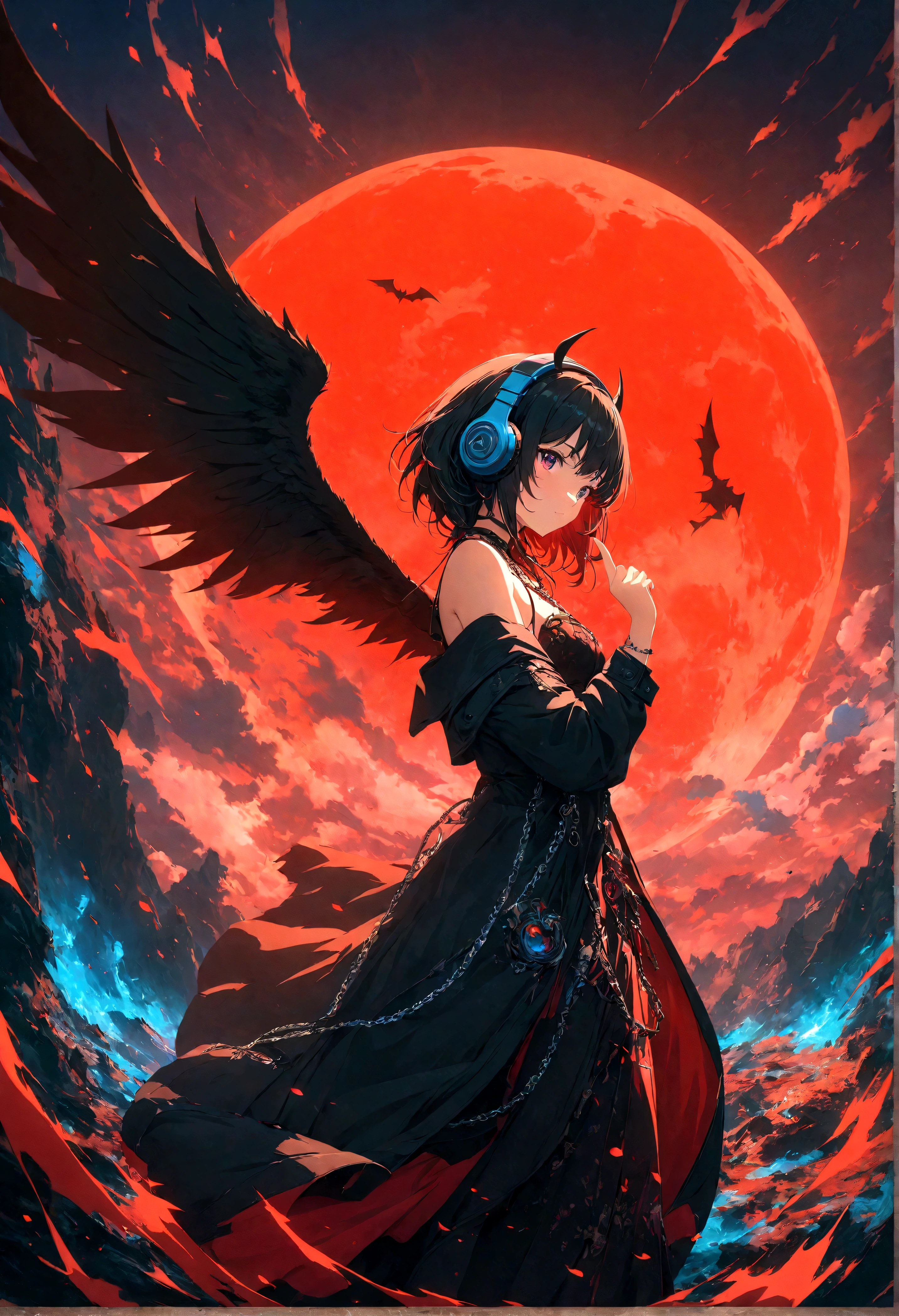 4k anime wallpaper, 4k anime wallpaper, Anime Art Wallpapers 8K, 4K Anime Style, anime art wallpaper 4k, anime art wallpaper 4k, 4k anime wallpaper, Eugeo Art, Detailed digital anime art, ((masterpiece, highest quality)), (Complex Light), Perfect hands, Normal finger, Hyper Detail, Bright colors.Fantasy manga style demon beautiful girl, silver hair, short, headphones, half wearing dark long coat, off the shoulder, black wings, chain, red moon, otherworldly painting.