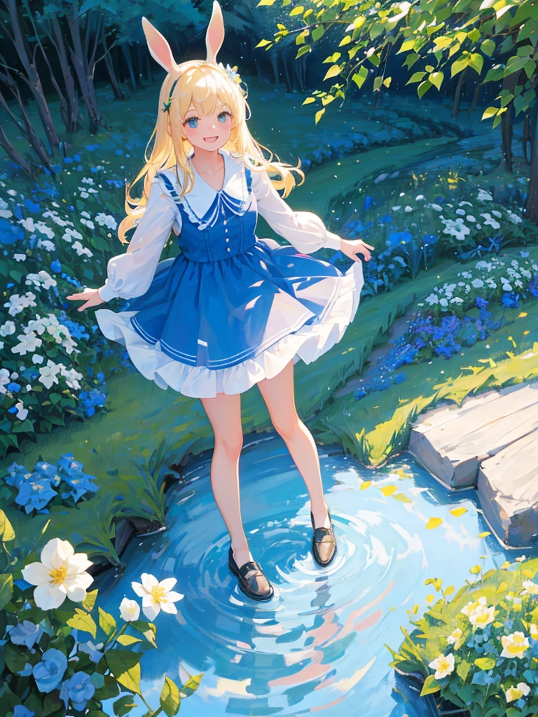 Blue sky, flower garden, castle, one girl, blonde hair, bangs, rabbit ears, light blue and white dress, smile with mouth closed, black loafers, standing pose, top quality, high definition, super fine, highest_detail
