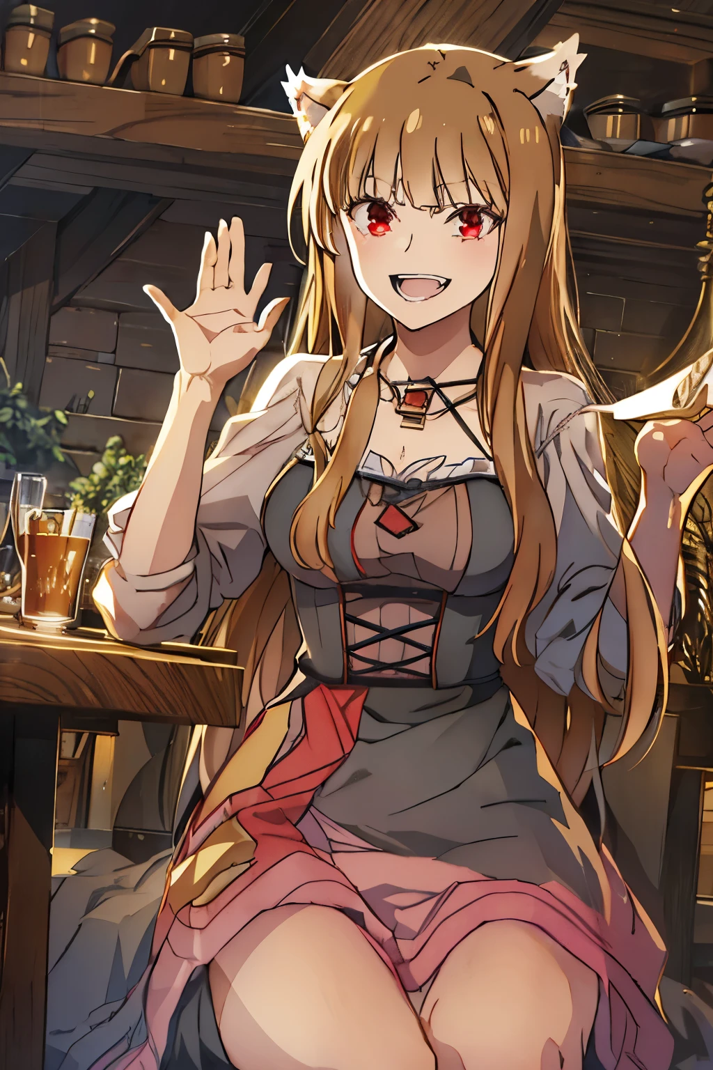 best quality,masterpiece,Dynamic lighting, (Holo of Spice and Wolf),wearing a long skirt,long sleeves,strapless,My shoulders are exposed,bust,front shot,Sitting on a chair,right hand,waving,a bewitching laugh,tail wagging behind,Fangs that appear to be teeth,left hand,Jaw-dropping,sitting at the wooden table,looking at the viewer,smiling brightly,afternoon,middle age,village inn restaurant