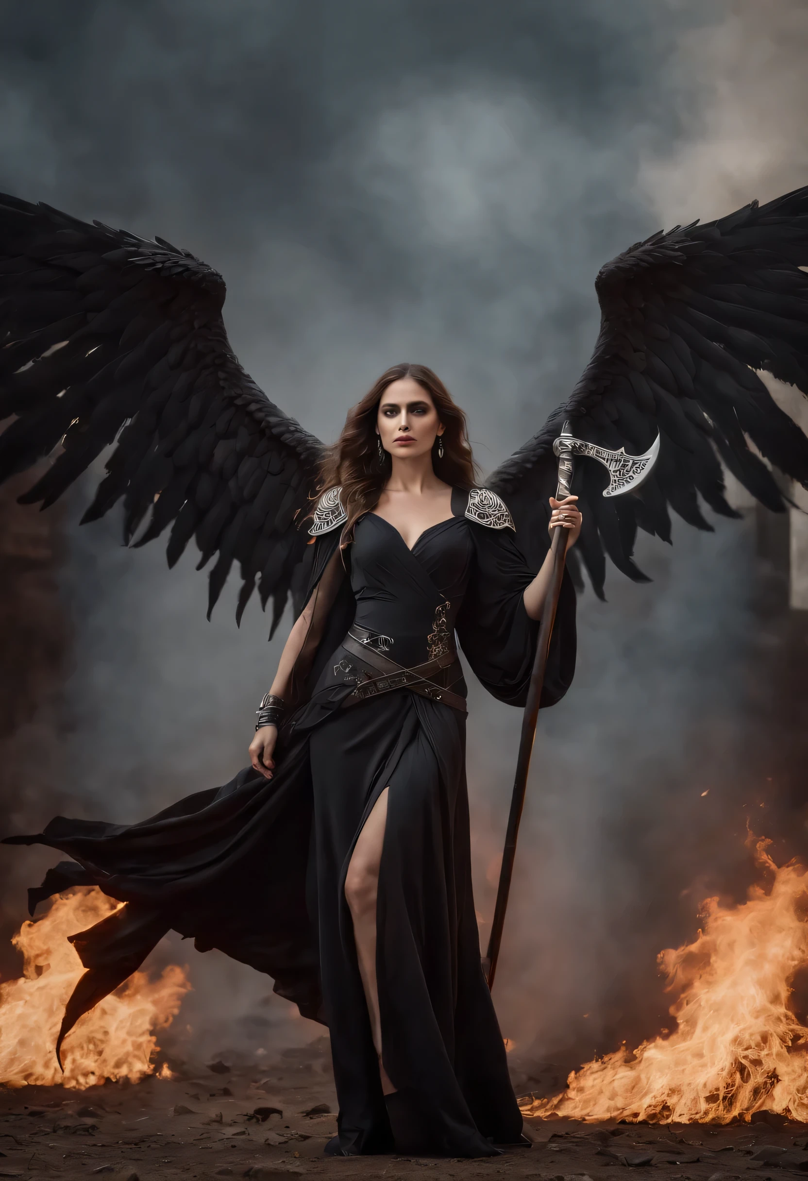 (masterpiece, 8K, UHD, photo-realistic:1.3), Death's Angel, (glistening ebony wings:1.4), towering, holding a (sleek scythe:1.2) in grip, cold steel, reflecting flames, standing atop, (mound of skulls:1.3), empty eye sockets, whispers of past souls, fiery backdrop, raging inferno, dancing flames, silhouetting the figure, billowing smoke, crimson hue, intimidating presence, ominous atmosphere, dynamic angle, side view, deep shadows, intricate detailing on wings and attire.