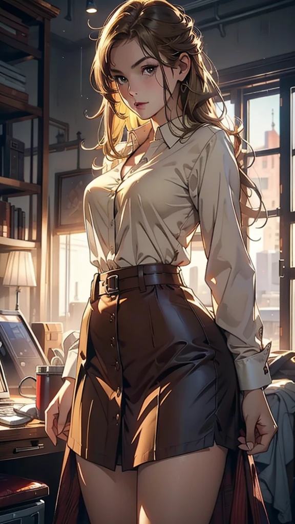 Best quality, Ultra-high resolution, (Photorealistic:1.4), 1girll, button- shirt, Skirt, Office, Brown hair, Breasts, (Blonde hair:1.2), view the viewer,