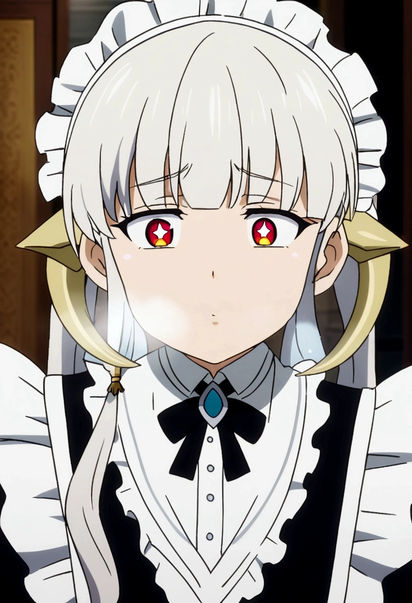 dragon horns, heavy breathing, white hair, pupils sparkling, maid headdress, anime style, tachi-e