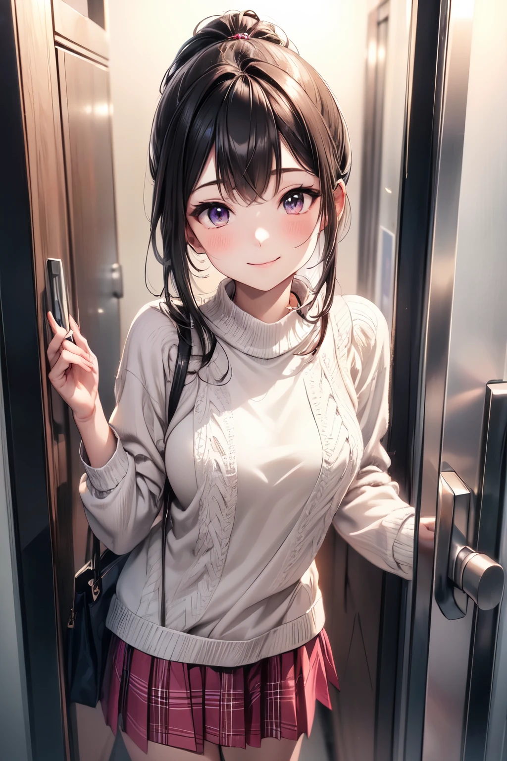 very cute and beautiful girl,(highly detailed beautiful face and eyes),
(smile:1.2),happy,embarrassed,looking up,looking at viewer,(argyle pattern sweater),cowboy shot,(white and pink plaid skirt),
standing in luxury elevator in hotel,night city view,holding tote bag,black hair,low ponytail,
(best quality,masterpiece),absurdres,highres,ultra-detailed,extremely detailed,32k,8k resolution,
intricate details,cinematic scene,detailed background,solo,dynamic angle,