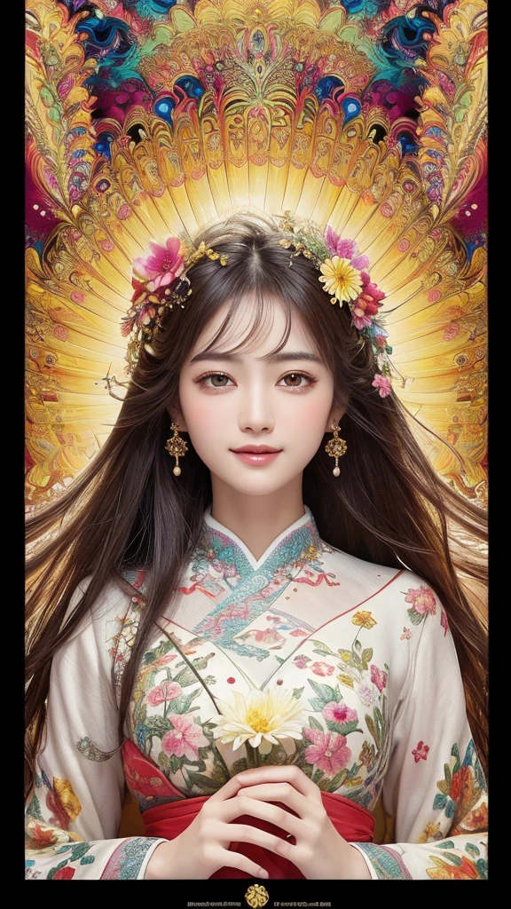 (Masterpiece、Highest quality、Highest quality、official art、very beautiful:1.2)、(1 woman)、very detailed、(fractal art:1.3)、colorful、The most detailed,(Poses with movement:1.4)、Detail: The face is beautiful and delicate.、Beautiful details and delicate eyes、The resolution is very good., (symmetrical eyes:1.3),((Japanese hair)),((natural smile)),flower,feather
