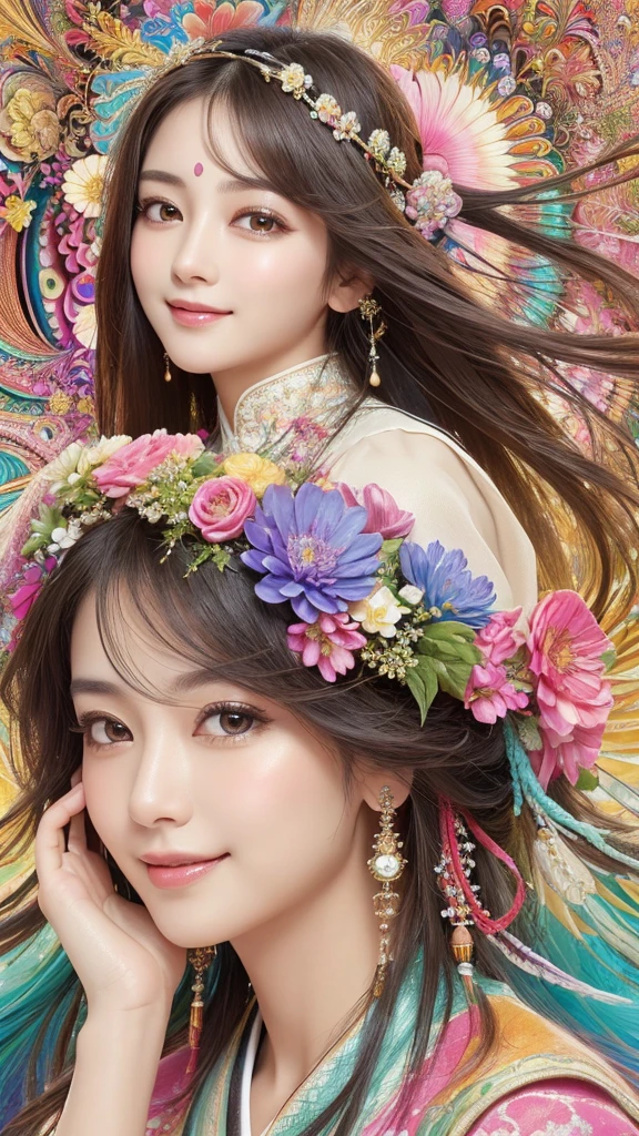 (Masterpiece、Highest quality、Highest quality、official art、very beautiful:1.2)、(1 woman)、very detailed、(fractal art:1.3)、colorful、The most detailed,(Poses with movement:1.4)、Detail: The face is beautiful and delicate.、Beautiful details and delicate eyes、The resolution is very good., (symmetrical eyes:1.3),((Japanese hair)),((natural smile)),flower,feather