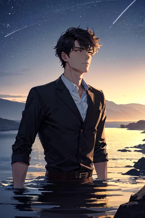 (Absurd, High resolution, Super detailed), 1 male, Adult, good looking, Tall Man,Detailed drawn eyes, alone,Upper Body, View Viewer, 
Amazing photo of a man standing by a moonlit lake, The stars are twinkling overhead. The water is calm and quiet, Beautiful reflections in the night sky, Otherworldly effects. A man is looking at the water surface, Lost in Thought. His silhouette is surrounded by darkness, Create a sense of mystery and intrigue.
, (Dutch Angle), Mouth closed, Cowboy Shot