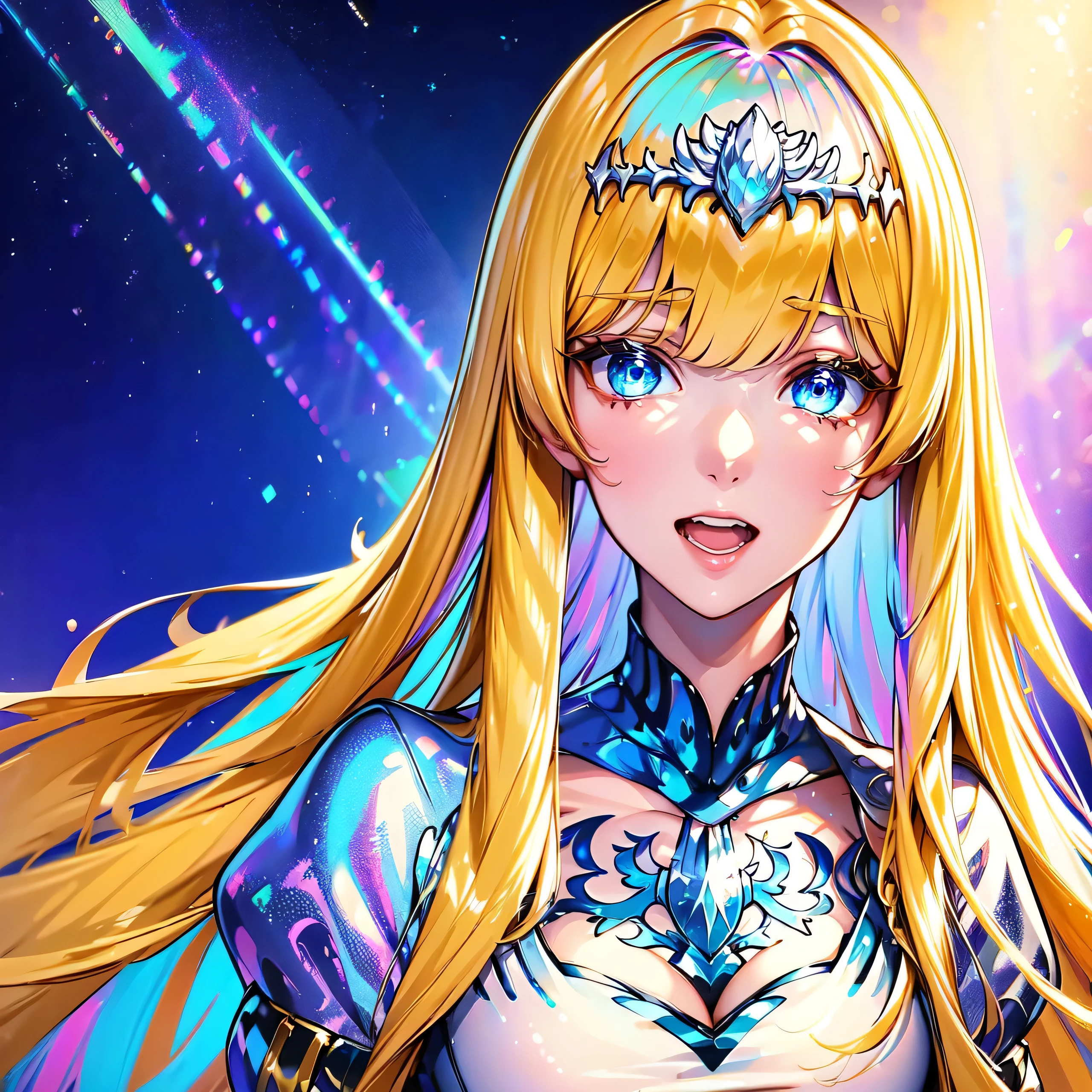 （In 8K, best quality, master piece:1.2)、ultra high resolution,1 female,  25years old、ultra-detailed face, detailed eyes, open mouth, laughing,,,BREAK,(iridescent light:1.4), botanical garden,  Calca, Calca Bessarez, extremely long hair, (very long hair:1.3), white tiara, white dress, blue eyes, medium chest, blonde hair, yellow hair color