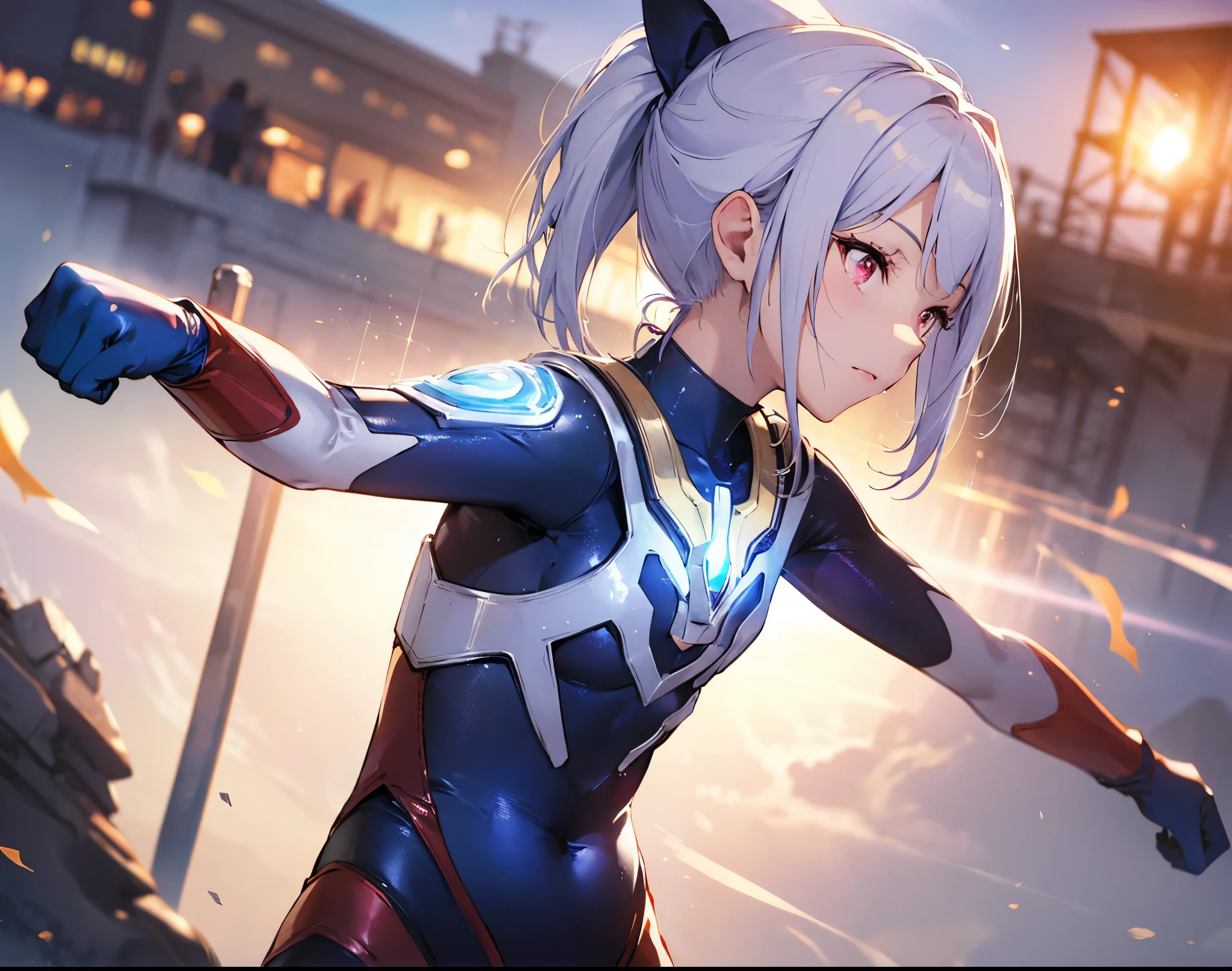 (Close-up:1.3),Realistic,highest quality, Ultra Detail, High-quality CG rendering, The most delicate and beautiful, Floating softly, High resolution, (1 giant girl), (Highest quality,4K,8K,masterpiece:1.2) ,Light purple hair,Rabbit,Bunny ears,ponytail,Red eyes,(Ultra Girl:1.0),(All blue Ultraman bodysuit:1.4),(All blue gloves:1.3), (Clenched Fist:1.2),(Upper Body:1.3),(Turn your back to your audience:1.3),Butt