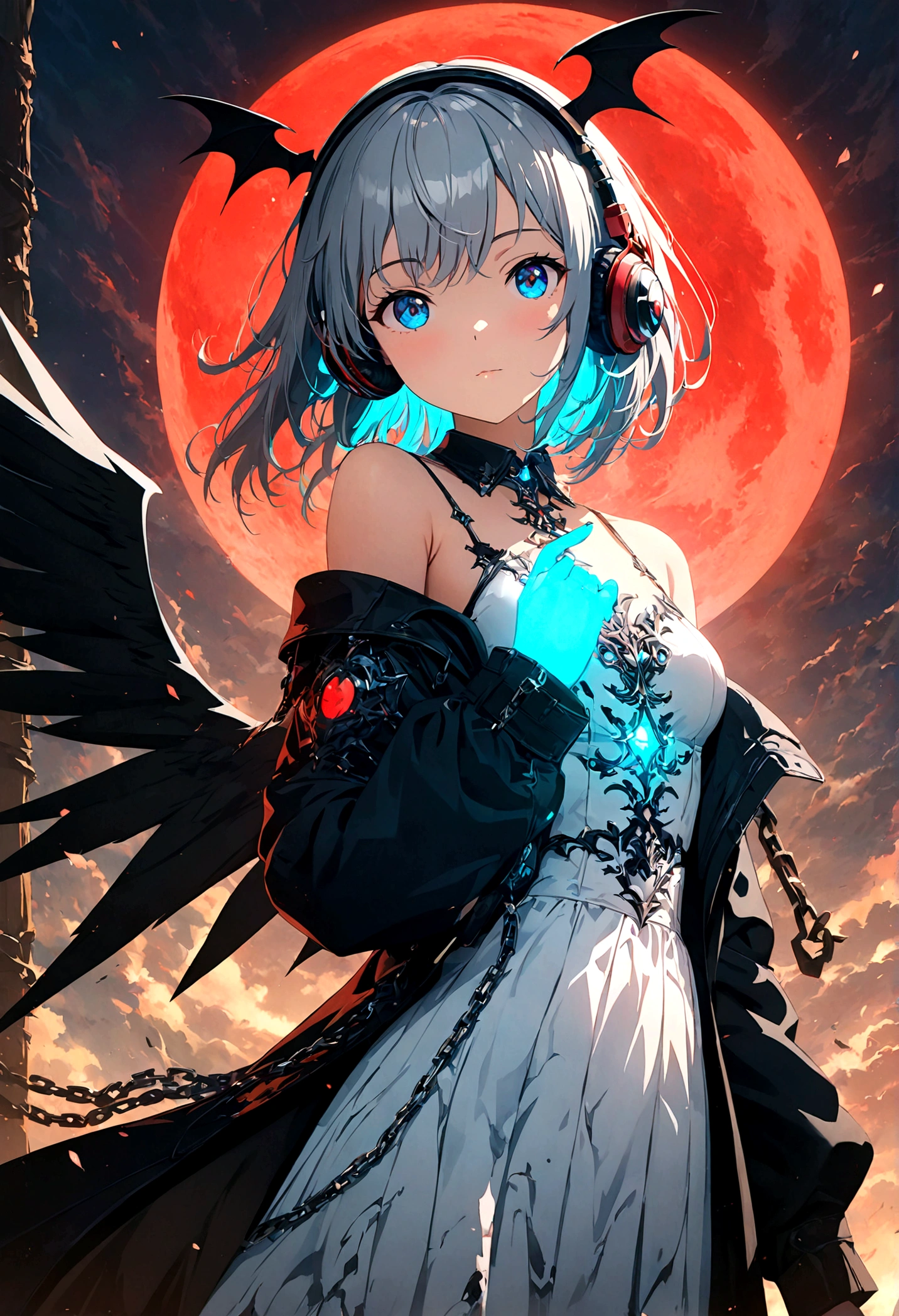 4k anime wallpaper, 4k anime wallpaper, Anime Art Wallpapers 8K, 4K Anime Style, anime art wallpaper 4k, anime art wallpaper 4k, 4k anime wallpaper, Eugeo Art, Detailed digital anime art, ((masterpiece, highest quality)), (Complex Light), Perfect hands, Normal finger, Hyper Detail, Bright colors.Fantasy manga style demon beautiful girl, silver hair, short, headphones, half wearing dark long coat, off the shoulder, black wings, chain, red moon, otherworldly painting.