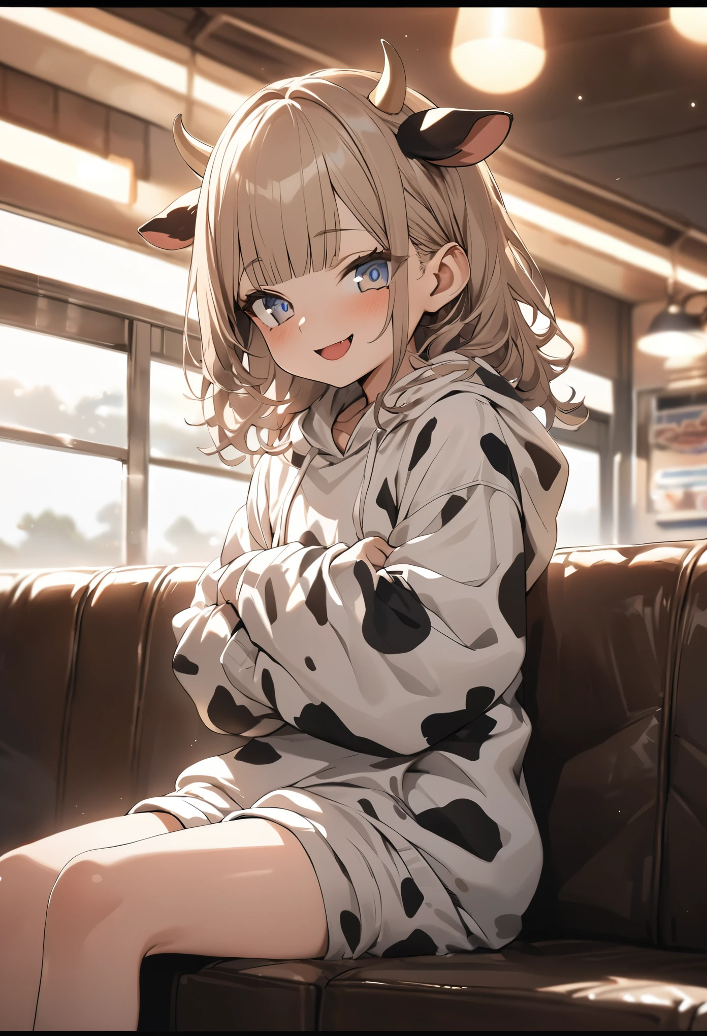 ((Masterpiece)), ((best quality)), (Anime:1.4), (super detail:1.2), (High Definition:1.3), (Professional Photography:1.3), (wide shot), (sharp focus), (perfect light), (()), 1girl, ((wearing Cow-patterned oversized hoodie)), fluffy shorts, cinematic lighting, Textured skin, messy hair, (loose blunt bangs), teenage girlealthy slim body), small breasts, cute eyes, ((naughty face)), (open mouth), (put on cow ears), pale brown hair, Cute Beautiful girl, Thin accessories, ((undressing hoodie)), (loose sitting on the diner couch)