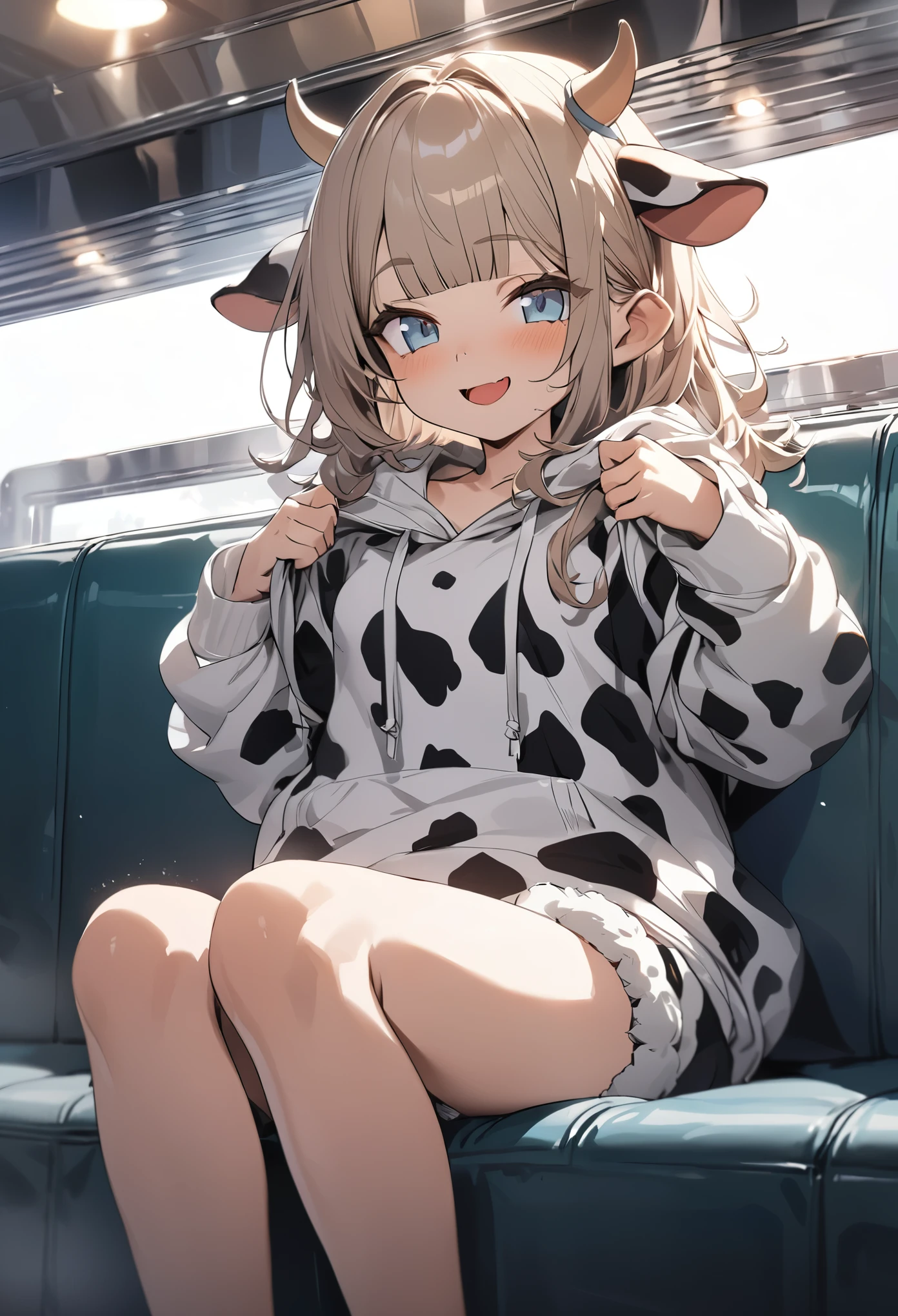 ((Masterpiece)), ((best quality)), (Anime:1.4), (super detail:1.2), (High Definition:1.3), (Professional Photography:1.3), (wide shot), (sharp focus), (perfect light), (()), 1girl, ((wearing Cow-patterned oversized hoodie)), fluffy shorts, cinematic lighting, Textured skin, messy hair, (loose blunt bangs), teenage girl, Healthy stomach, (Healthy slim body), small breasts, cute eyes, ((naughty face)), (open mouth), (put on cow ears), pale brown hair, Cute Beautiful girl, Thin accessories, ((slightly undressing cute shorts)), (standing on the diner couch),