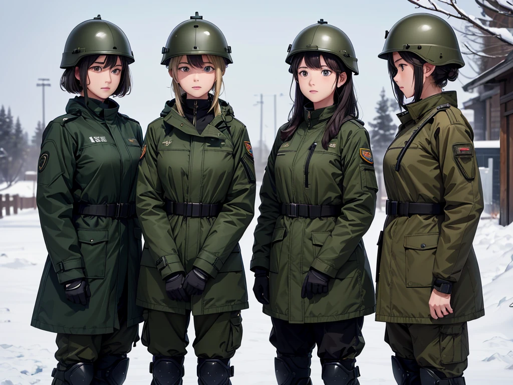 Four female soldiers wearing tactical helmets stand at attention，Wear a dark green parka、The same posture、Only military pants、No knee pads、Winter Street，Write details、masterpiece、best quality、Highly detailed CG、8K picture quality