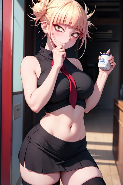 (\himiko toga)/,(\Character from the Boku no hero academia series)/,(\wearing)/,+,(\A tight sexy black straight skirt and a tight ripped blouse showing the piggy bank of her breasts)