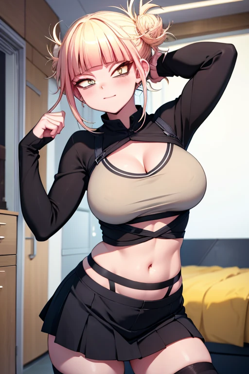 (\himiko toga)/,(\Character from the Boku no hero academia series)/,(\wearing)/,+,(\A tight sexy black straight skirt and a tight ripped blouse showing the piggy bank of her breasts)