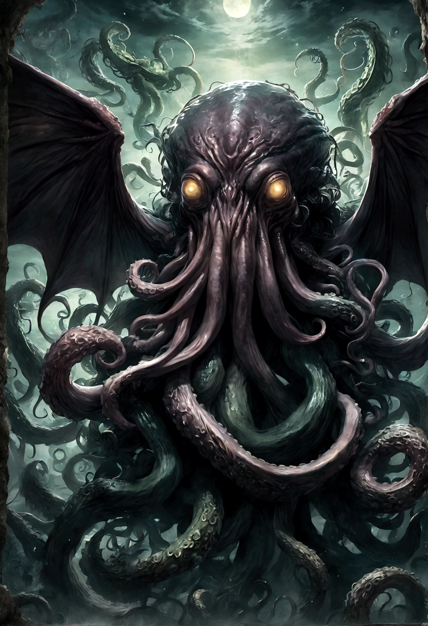 1boy, Cthulhu, The Call of Cthulhu, eldritch horror, old god, dark fantasy, cosmic horror, creature, monster, tentacles, wings, glowing eyes, detailed anatomy, unspeakable abomination, nightmarish, twisted, grotesque, surreal, dark colors, moody lighting, cinematic composition, dramatic camera angle, chiaroscuro, dark ambiance, shadowy depths, otherworldly, H.P. Lovecraft, 8k, highres, ultra-detailed, masterpiece, best quality, very aesthetic, absurdres