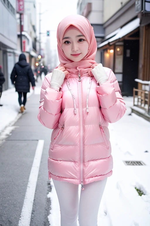 Best quality, 4K, 8K, Detailed faces,fully body photo, Clear face, Japanese muslim girl, 21 years old girl, Pasmina hijab, Pink hijab, perfect body figure, Long slim legs, Long down jacket with hood, White jacket, Snowy Tokyo landscape, the street