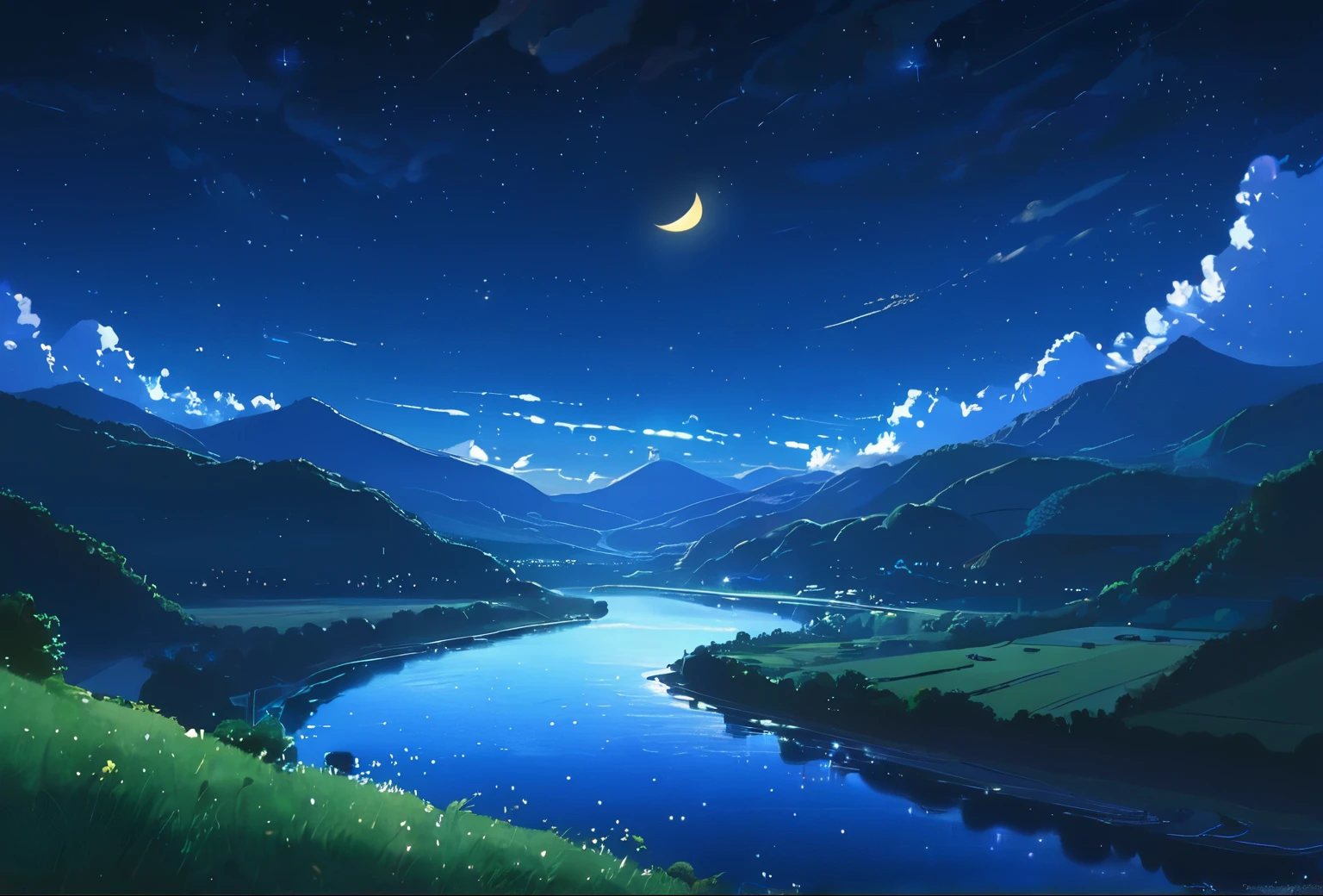 A painting of the river and the stars and the moon in the sky, with bright colors, by Makoto Shinkai. Concept art inspired by Tosa Mitsuoki, pixiv contest winner, best quality, fantasy art, beautiful anime scenes, golden moon, no humans, starry sky, scenery, cloud, sparkle, the scenery of night landscapes, mountain, rivers.  A bright moon, starry sky environment under the moonlight, dream painting, anime background art, fantasy landscape art, dreamy night, anime background, background artwork, dreamy art, atmospheric anime, starry sky, details enhanced.