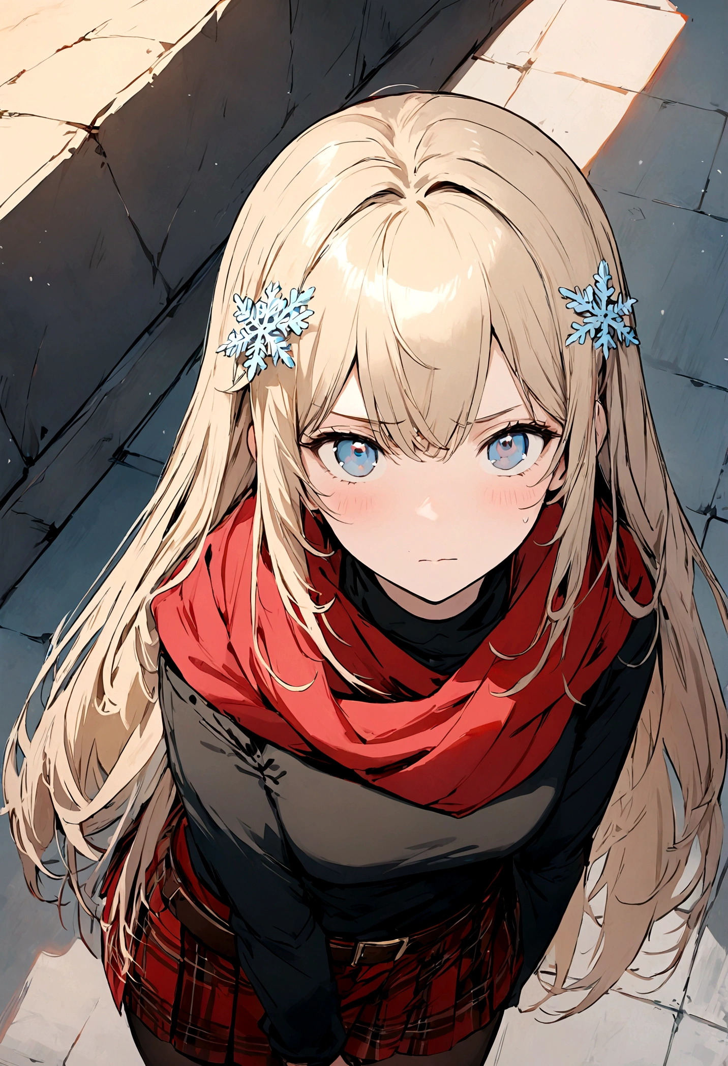 (Artwork), (ultra detailed), (straight, blonde and long hair), (1 girl, ager), beautiful detailed eyes, delicate and beautiful face, (grayish blue eyes), black turtleneck, a black and red plaid skirt, nylon pantyhose, a red scarf and a belt, cold and postural facial expression, snowflake hair ornament, (illustration), from above, (best quality)
