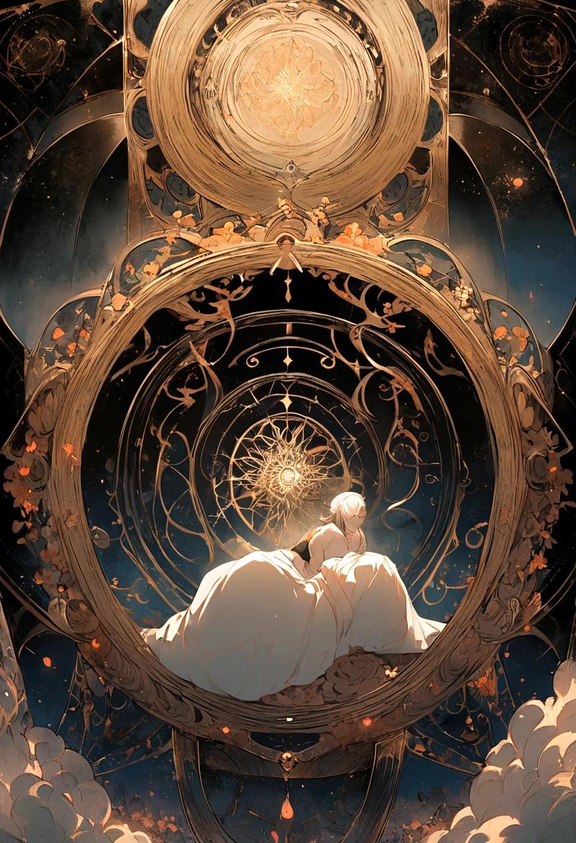 Ten Aspects of Longevity,A boy in the void,Curled up position,There are ten magic circles around the boy.,