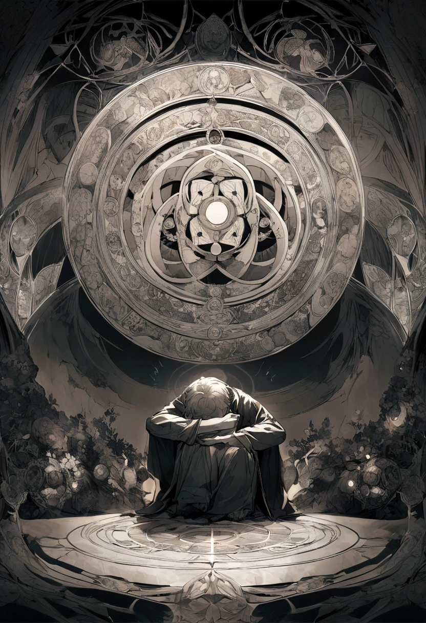 Ten Aspects of Longevity,A boy in the void,Curled up position,There are ten magic circles around the boy.,