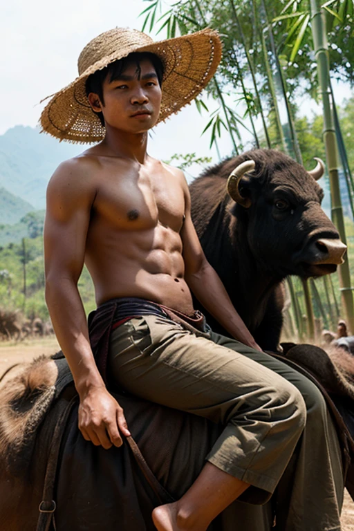 A young Thai man sits on the back of a buffalo, has a loincloth around his waist, wears a bamboo hat and wears long pants.