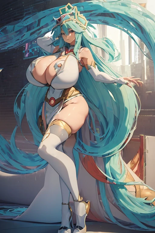 (girl1), (anime),(Super gigantic 290cm breasts: 2.0),white, with long green hair, an 18 year old woman, with white stockings and a sexy dress, wearing a heroine costume consisting of a white sleeveless swimsuit, white spiked gloves and metal plates on her waist and feet, look at the size of her breasts, they are size AA+