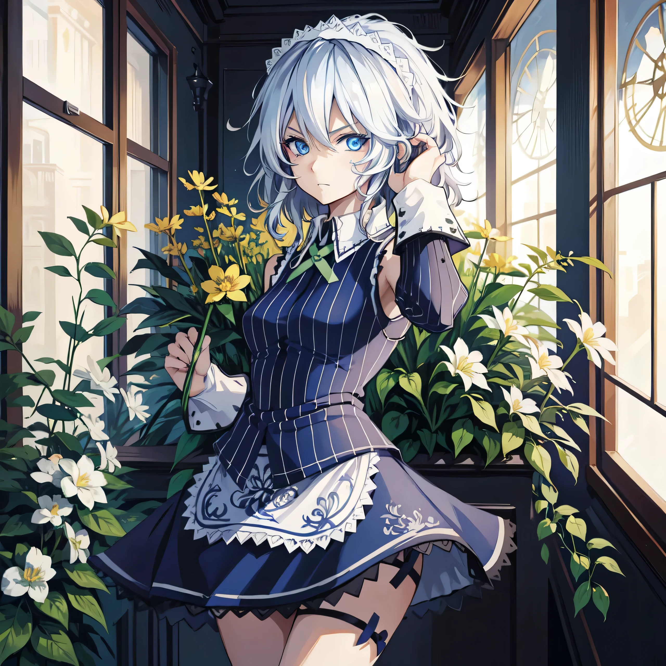 Meet a charming anime-style girl, adorned with a delicate flower,, [[Niji:5.2]], 1girl, solo, , Sakuya izayoi, silver hair, maid dress, white apron, very short skirt, sexy pose,, sleeveless outfit, detailed face, detailed eyes, fresh blue eyes, big green ribbons, blue outfit, small-to-medium breasts, white hair, bowtie girl, white maid headband,